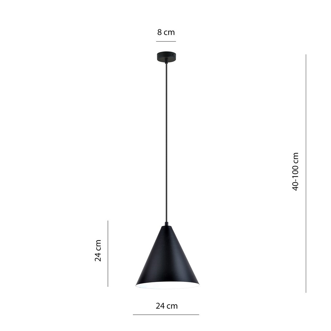 Schéma coté : abat-jour 24 cm, hauteur réglable de 40 à 100 cm