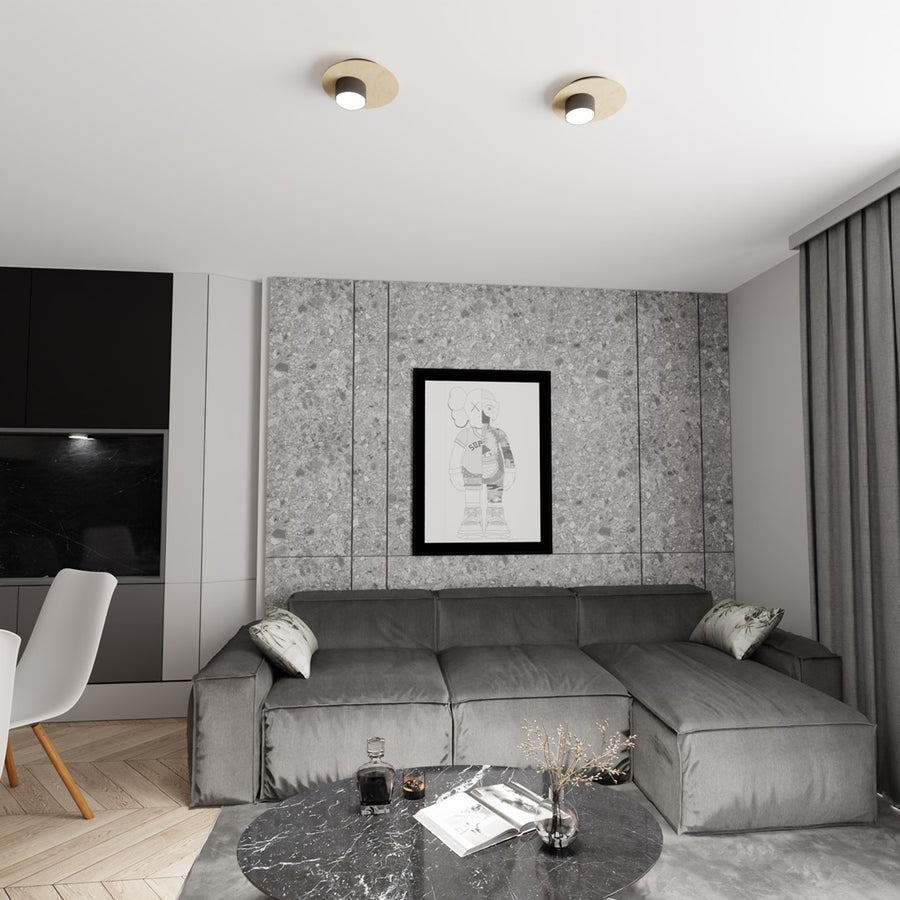 Ambiance salon gris, deux luminaires ronds éclairant le plafond au-dessus du canapé.