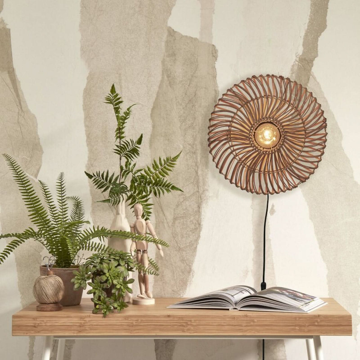 Applique murale Zanzibar en rotin, crème, Ø 40 cm