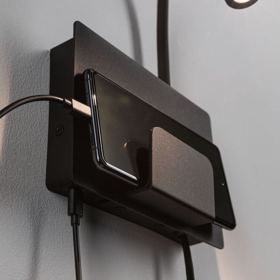 Applique murale LED Halina USB en métal, noir mat, hauteur 25,6 cm