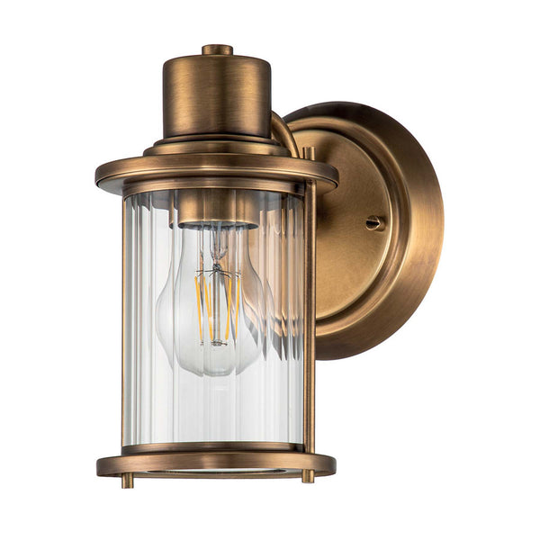 Applique murale Riggs IP44 en verre, laiton ancien et transparent, hauteur 21,8 cm, largeur 14 cm