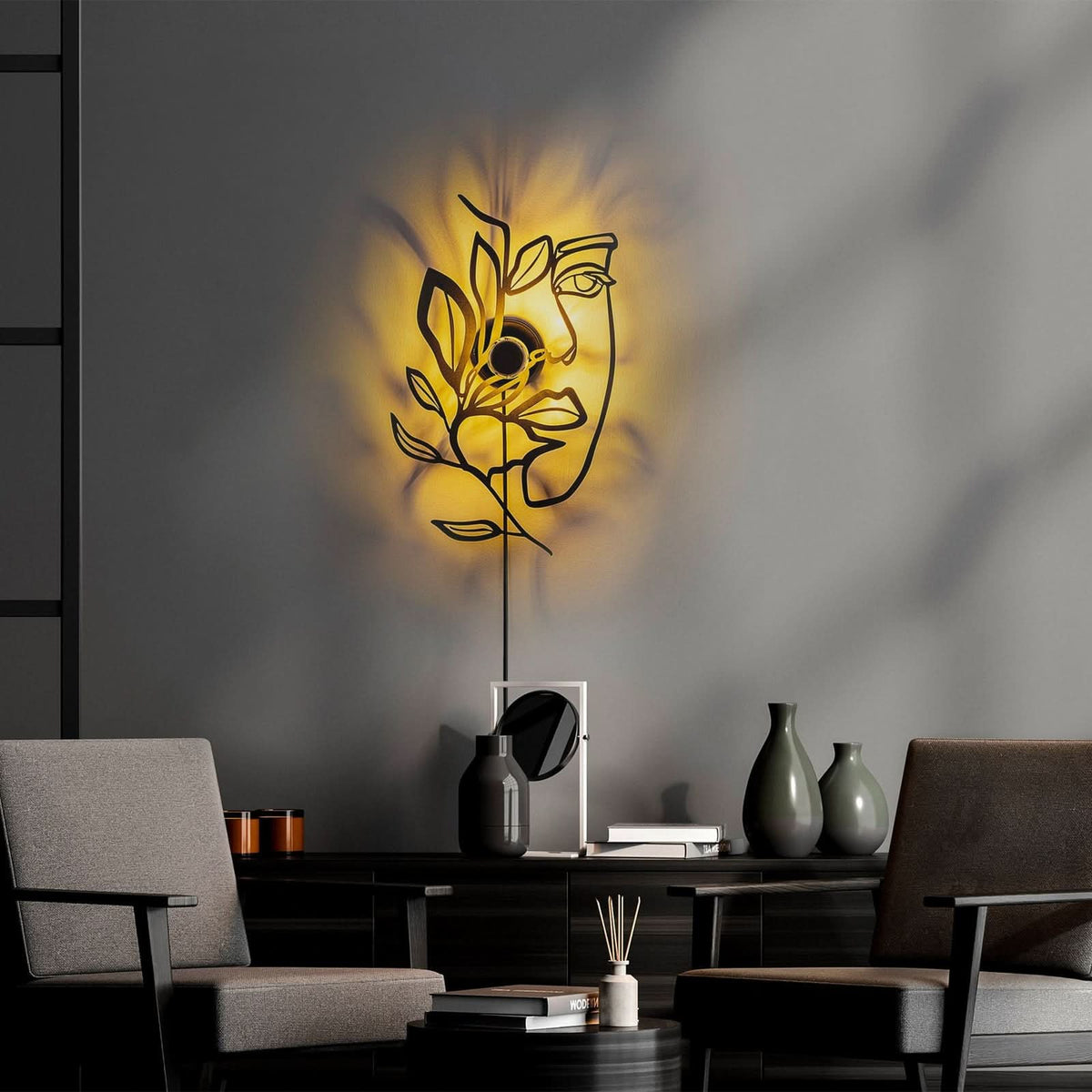 Applique murale Flower Faced en métal, noir, hauteur 54 cm
