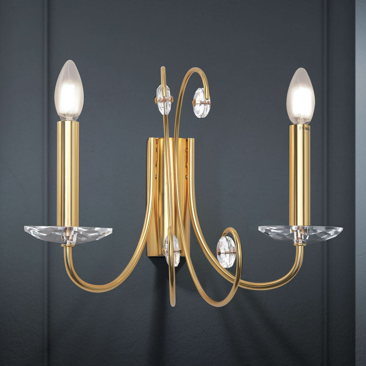 Applique murale Ariane en cristal, doré et transparent, 2 lumières, hauteur 29 cm