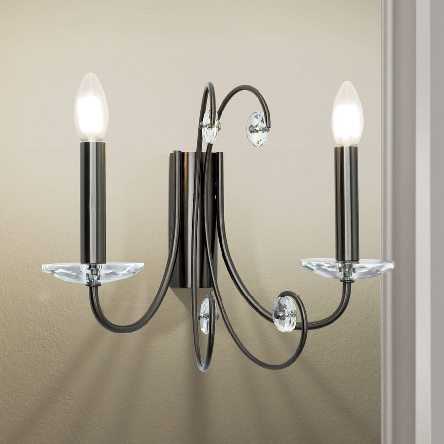 Applique murale Ariane en cristal, nickel et transparent, 2 lumières, hauteur 29 cm