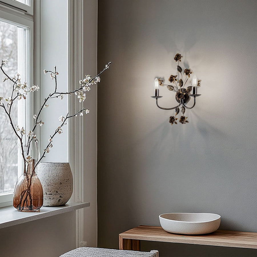 Applique murale Carolina en fer forgé, bronze, 2 lumières, hauteur 40 cm