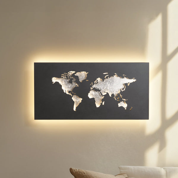 Applique murale LED World en métal, noir et argenté, hauteur 30 cm