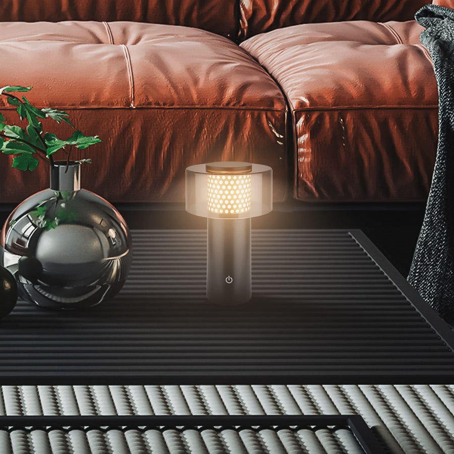 Lampe à poser d'extérieur LED rechargeable Brilo en métal, noir et doré, Ø 13 cm, IP44