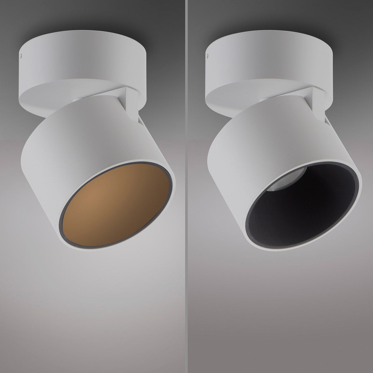 Comparaison de deux spots blancs, intérieur doré à gauche et intérieur noir à droite.