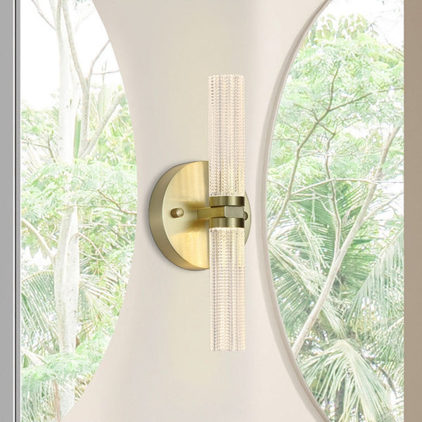 Applique murale LED Aberdeen en métal, laiton satiné et transparent, 2 lumières, hauteur 34 cm, IP44