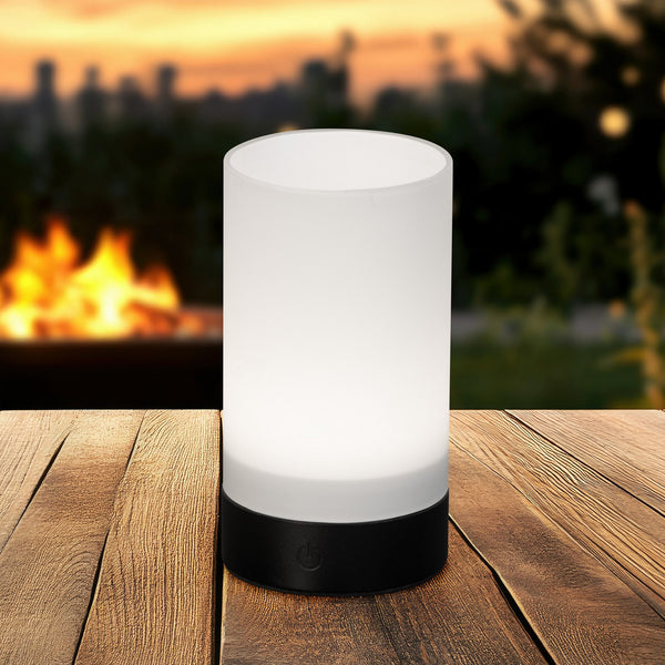 Lampadaire d'extérieur LED rechargeable Fenya en verre, blanc mat et noir, Ø 8 cm, IP54