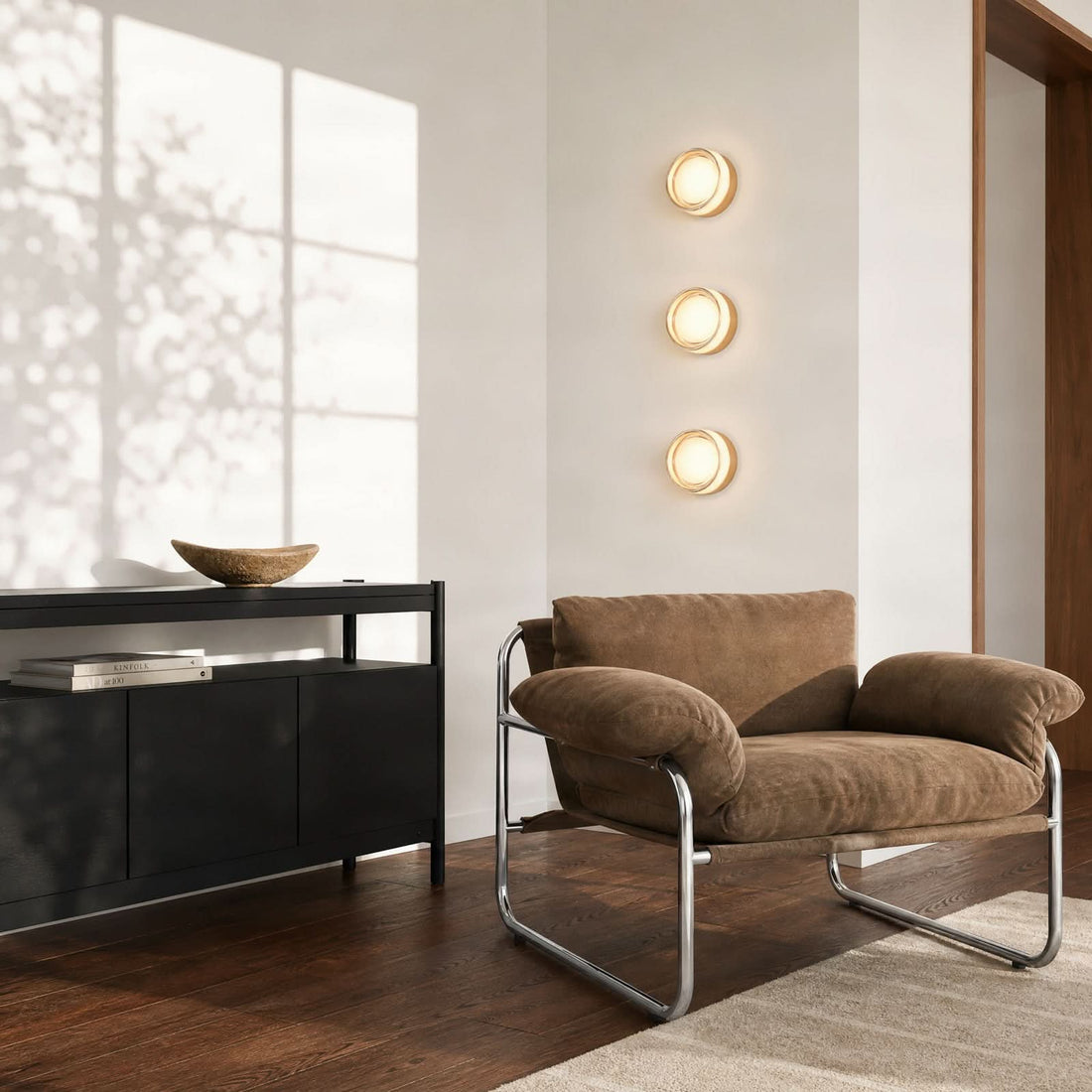 Applique murale LED Somber en verre, doré et ambre teinté, Ø 12,5 cm, IP44
