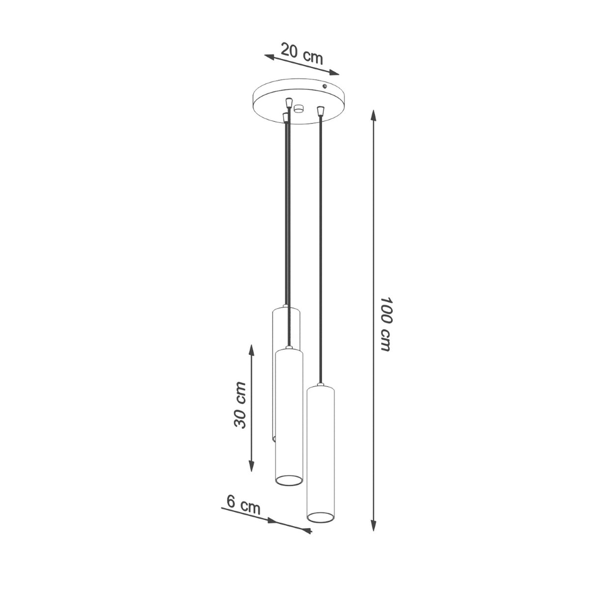 Schéma coté indiquant 20 cm de rosace, 30 cm d'abat-jour et 100 cm