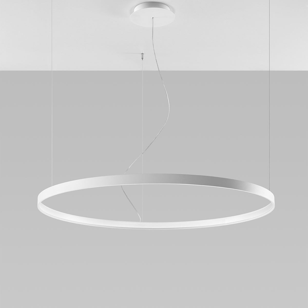Détail du luminaire annulaire blanc, fixation plafond et câble électrique apparent.