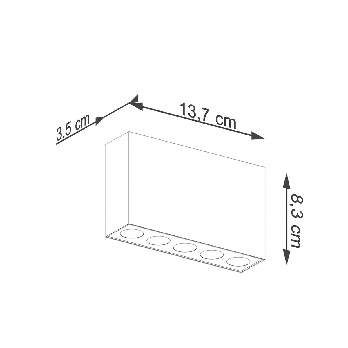 Schéma coté du plafonnier : 13,7 cm de large, 8,3 cm de haut, 3,5 cm de profondeur.