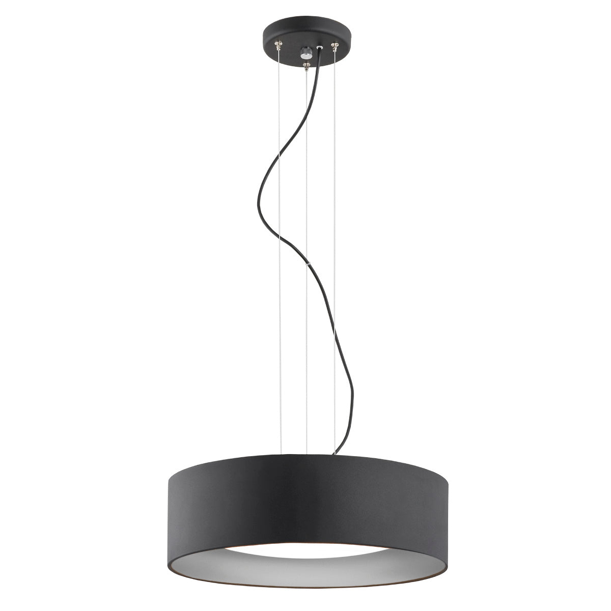 Version noire du luminaire, abat-jour tambour et diffuseur blanc, montage suspendu détaillé.