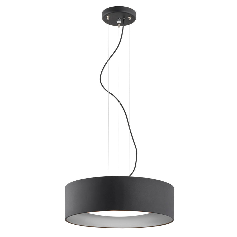 Version noire du luminaire, abat-jour tambour et diffuseur blanc, montage suspendu détaillé.
