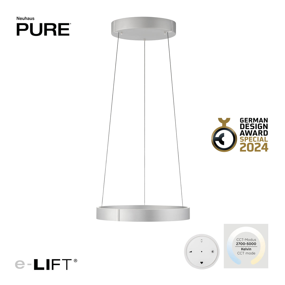 Visuel produit avec logo, prix German Design Award et télécommande fournie