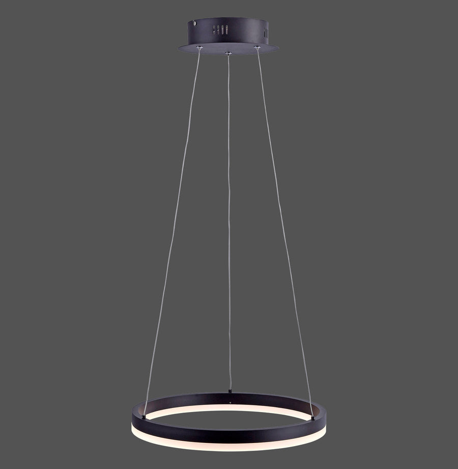 Suspension anneau noir vue de face sur fond gris anthracite, diffuseur blanc intégré