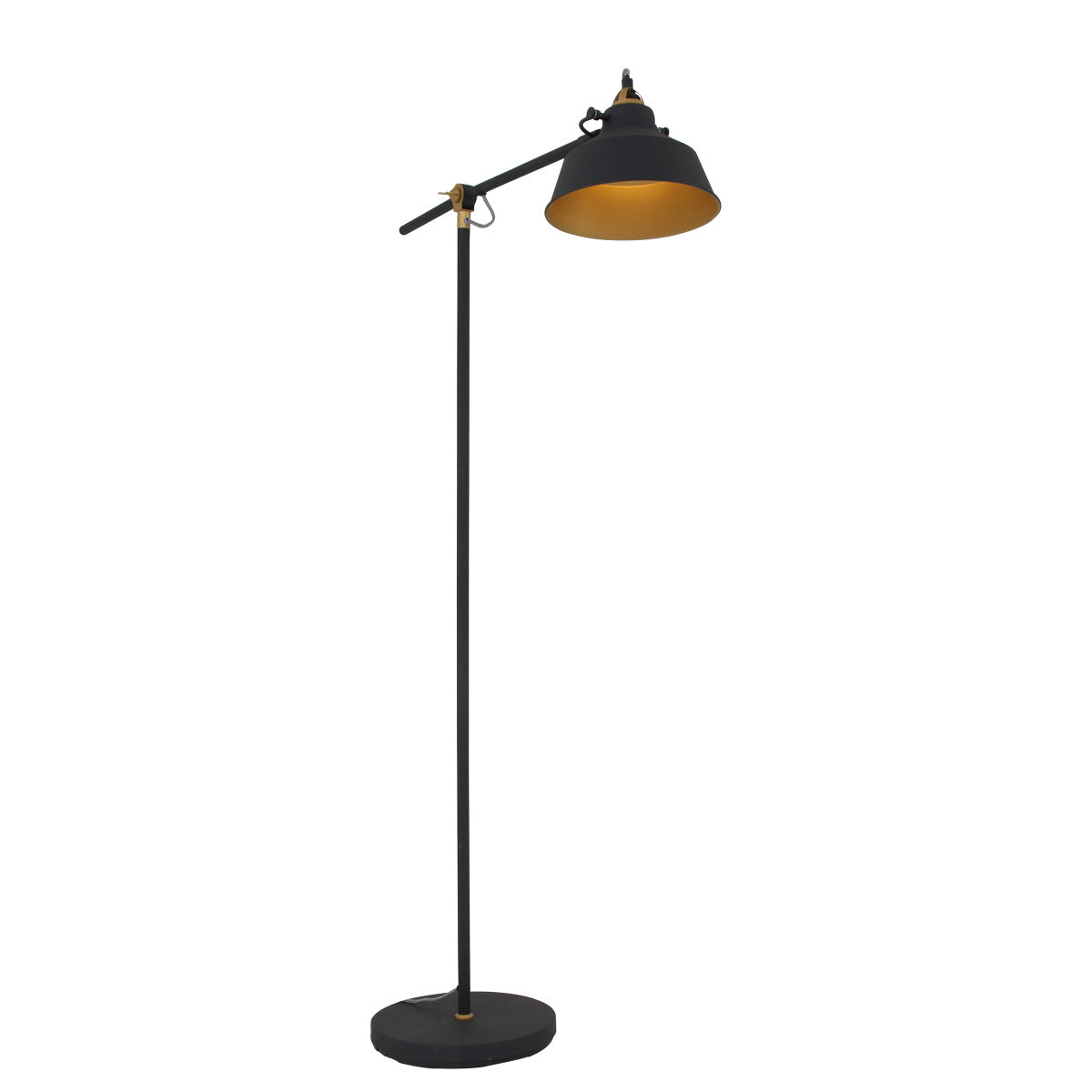 Vue de trois quarts du lampadaire, bras orientable et abat-jour noir et or