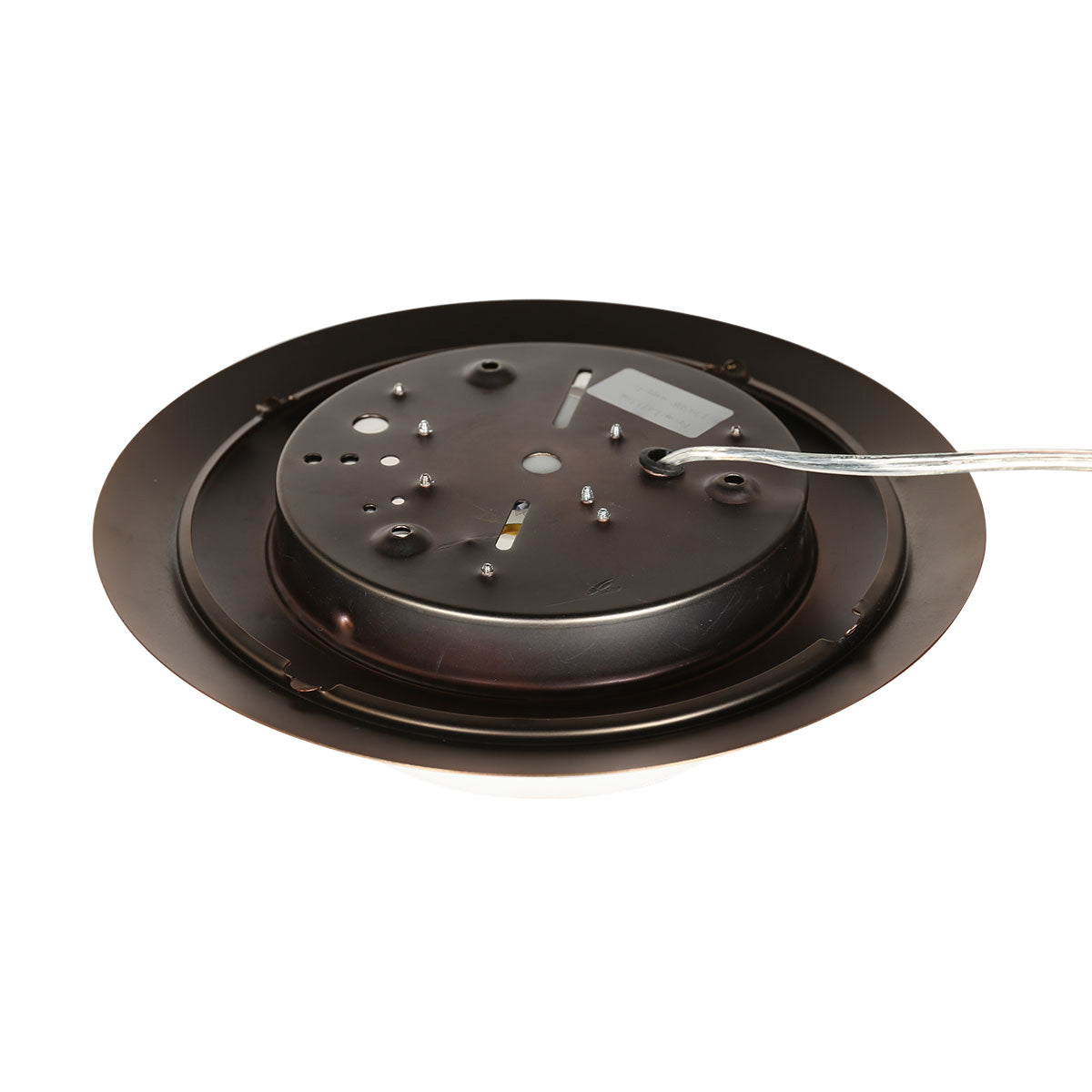 Vue arrière du luminaire dévoilant platine de fixation et fils électriques