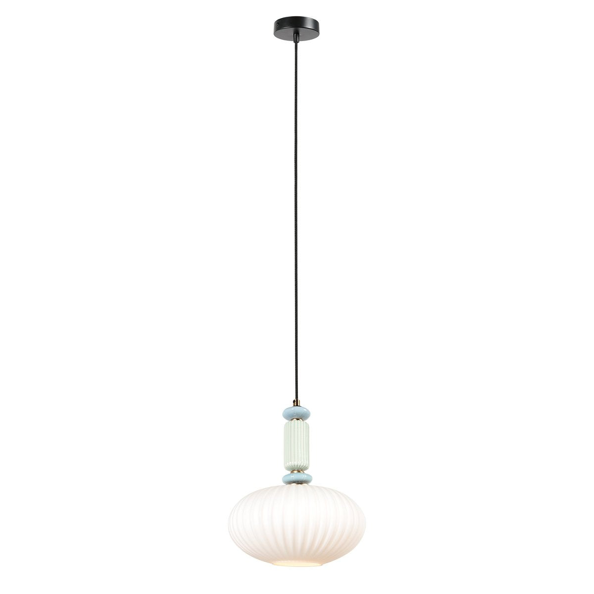 Vue entière du luminaire suspendu avec câble noir et rosace de plafond, sur fond blanc.