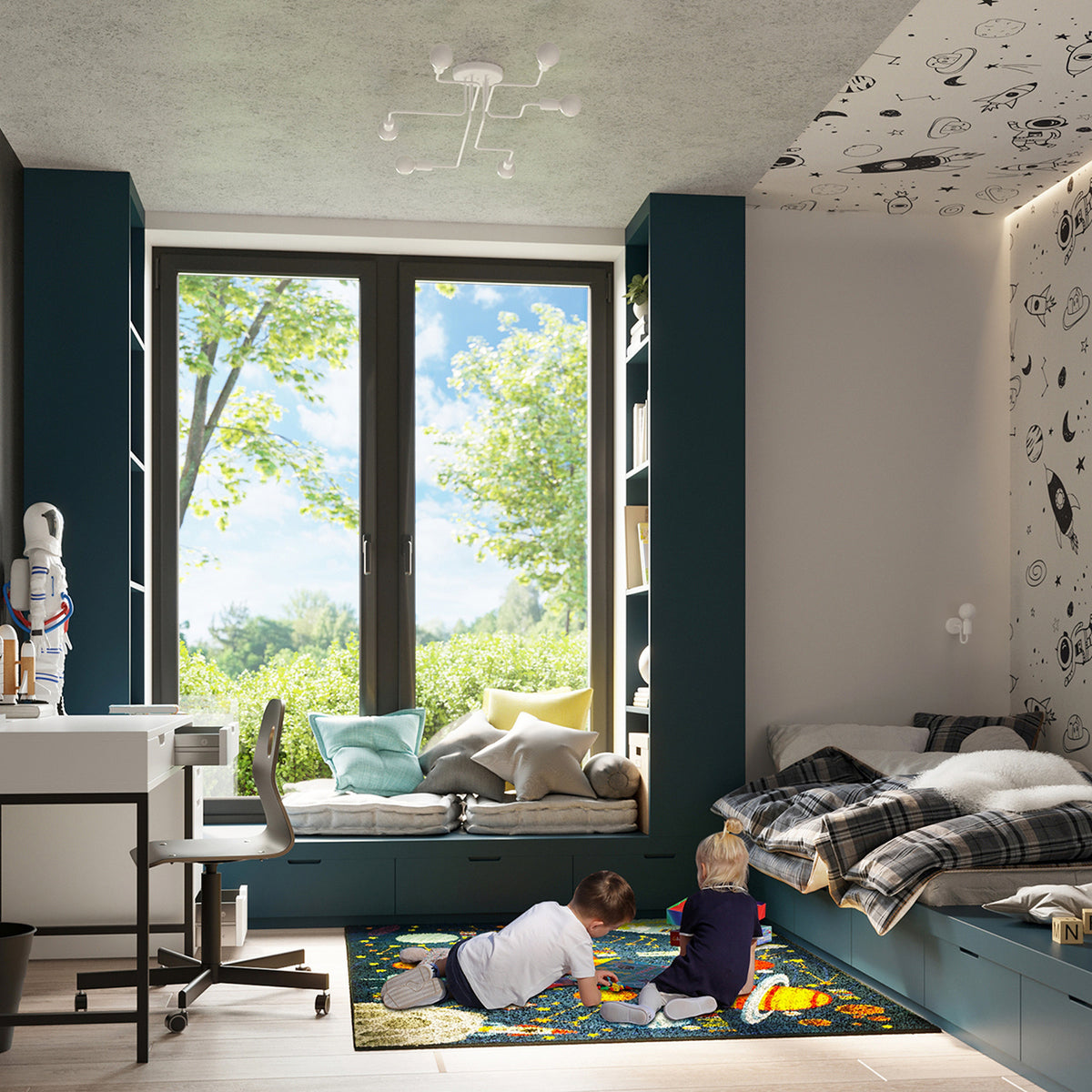 Luminaire installé au plafond d'une chambre d'enfants au décor spatial