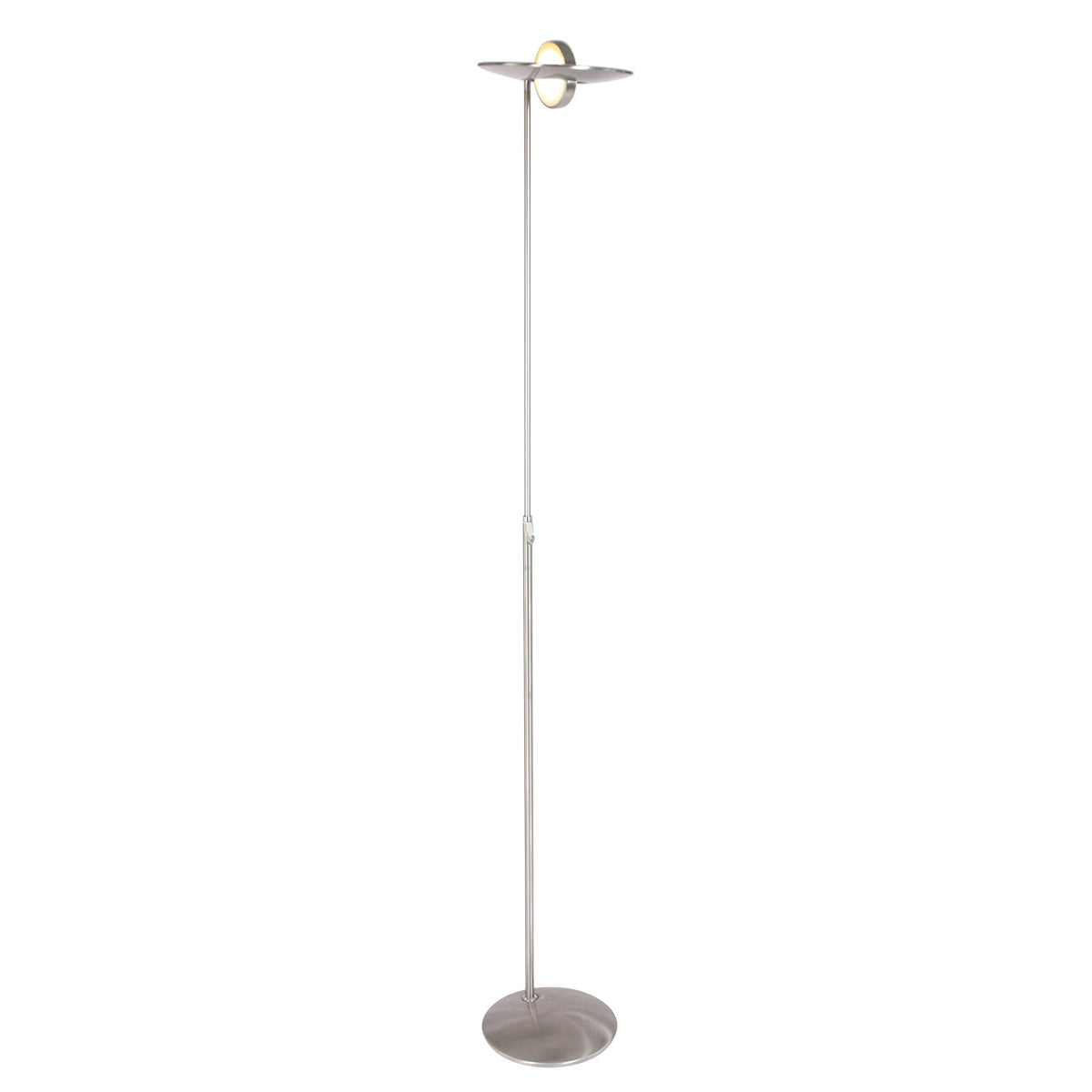 Vue de face du luminaire sur fond blanc, disque lumineux allumé