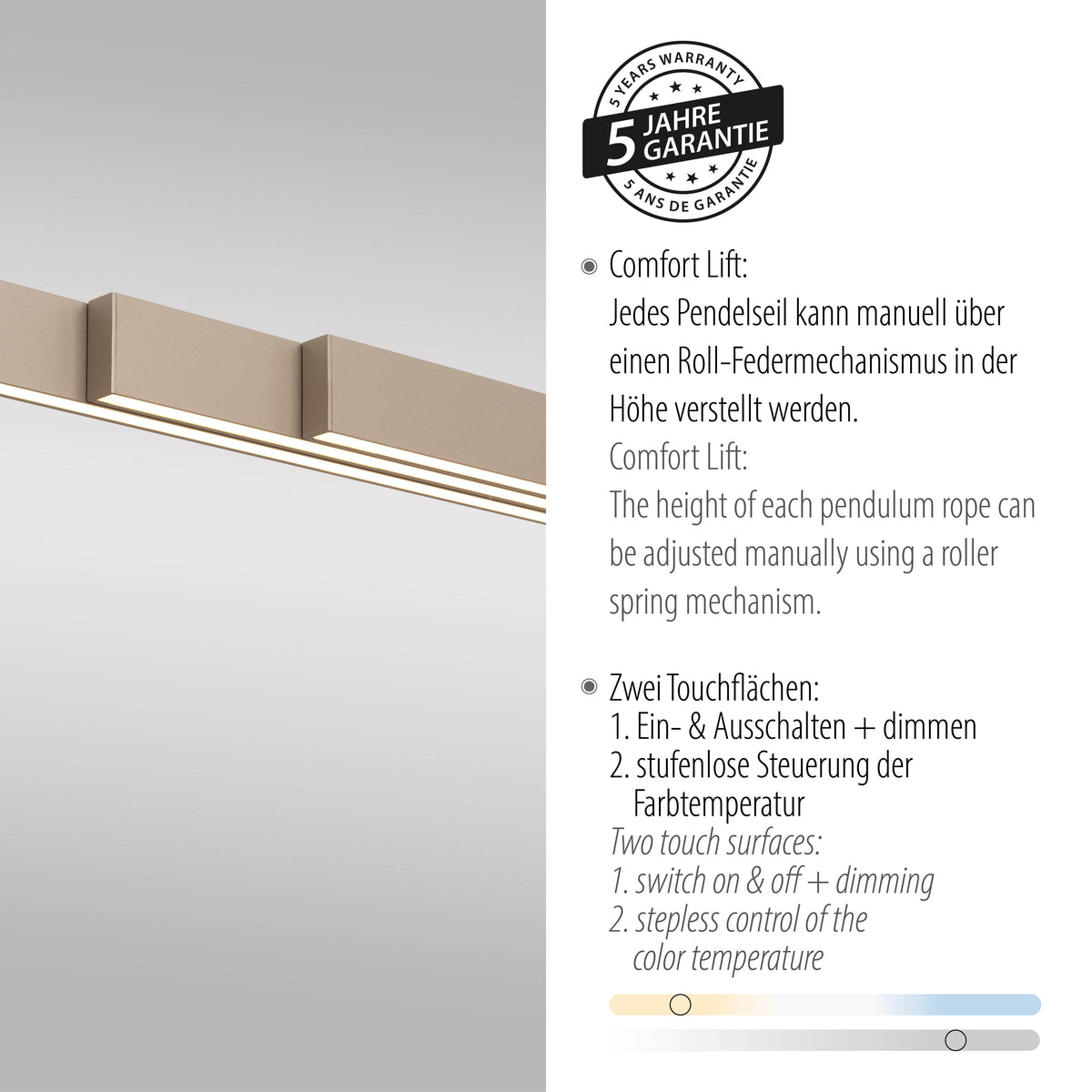 Gros plan sur la finition et mention de garantie cinq ans avec réglage Comfort Lift.