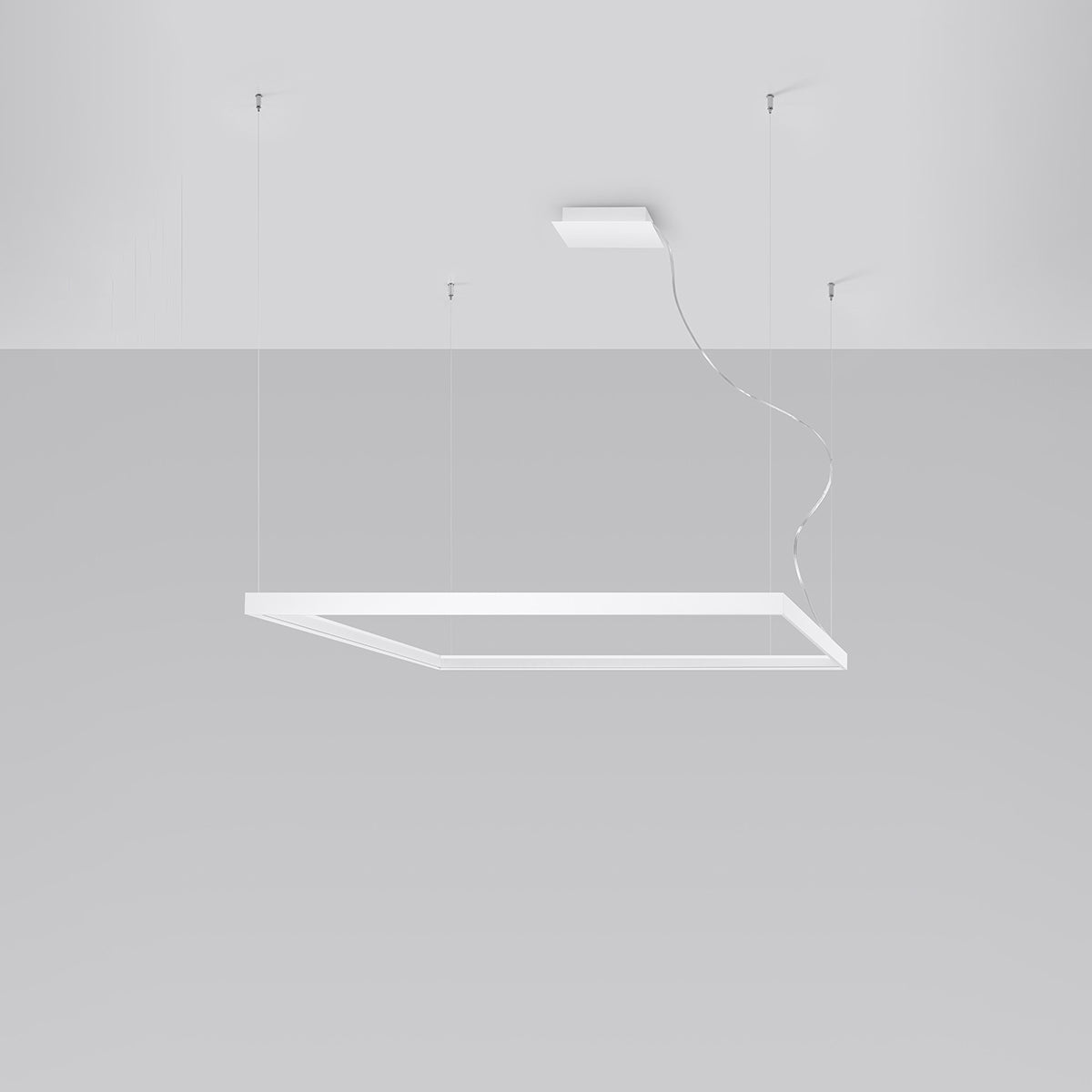 Luminaire suspendu présenté sur fond gris, mettant en valeur la finesse du cadre.
