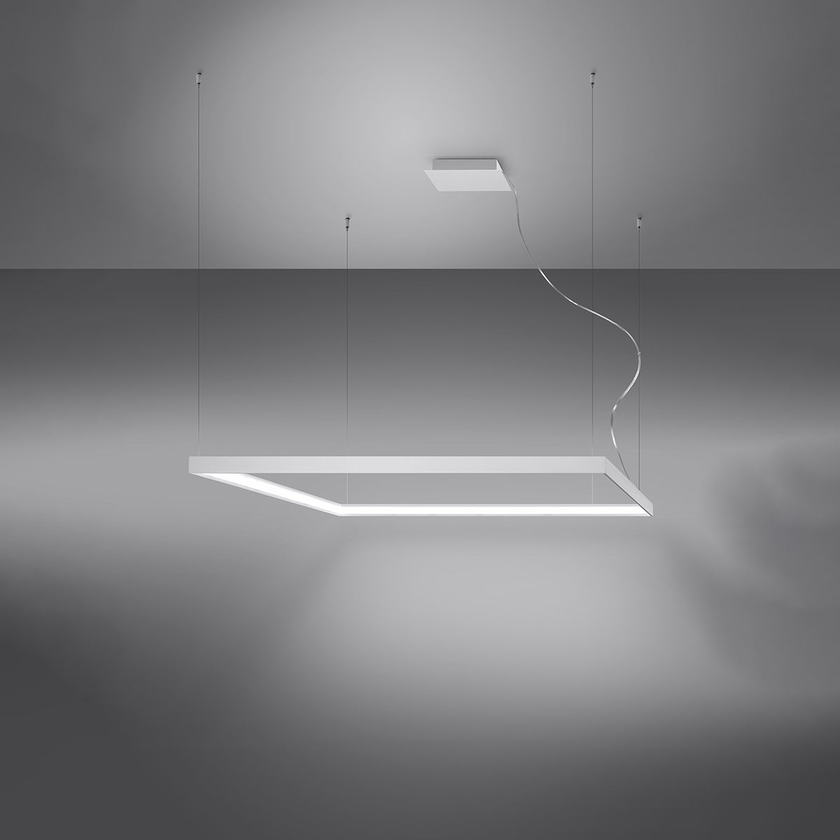 Ambiance lumineuse : le cadre rectangulaire diffuse une lumière blanc froid vers le bas.