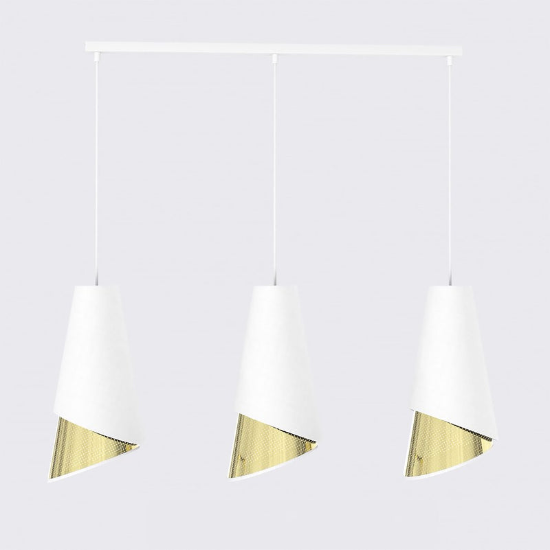 Suspension Moda 3 lumières blanche, tissu doré