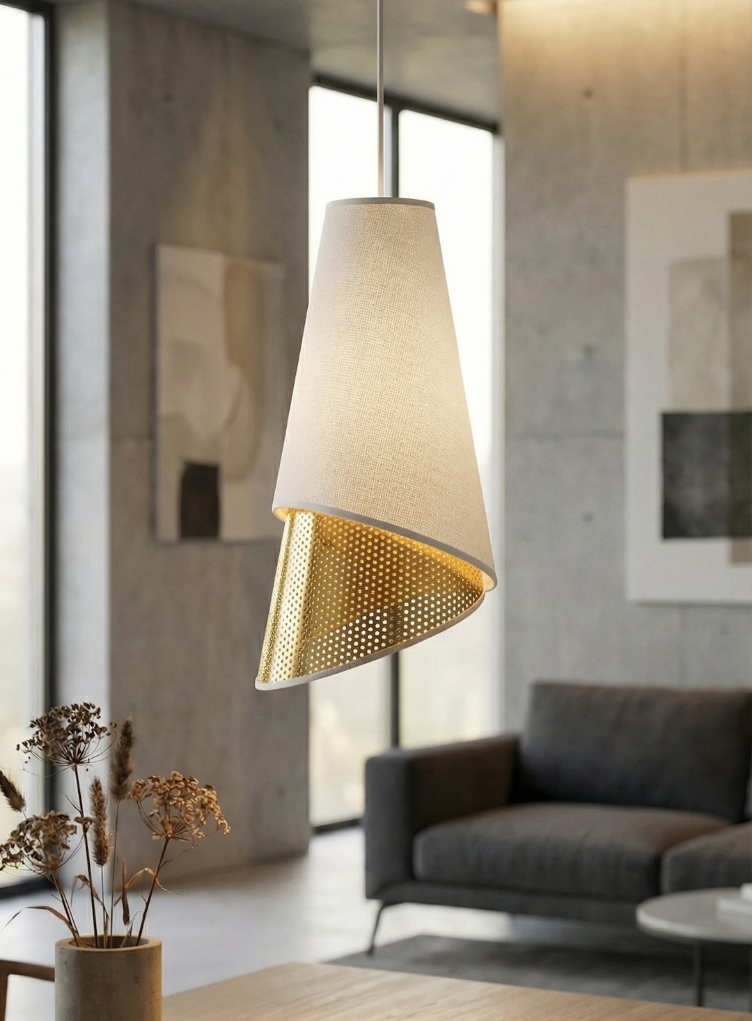 Gros plan d'une suspension en tissu beige à intérieur doré perforé
