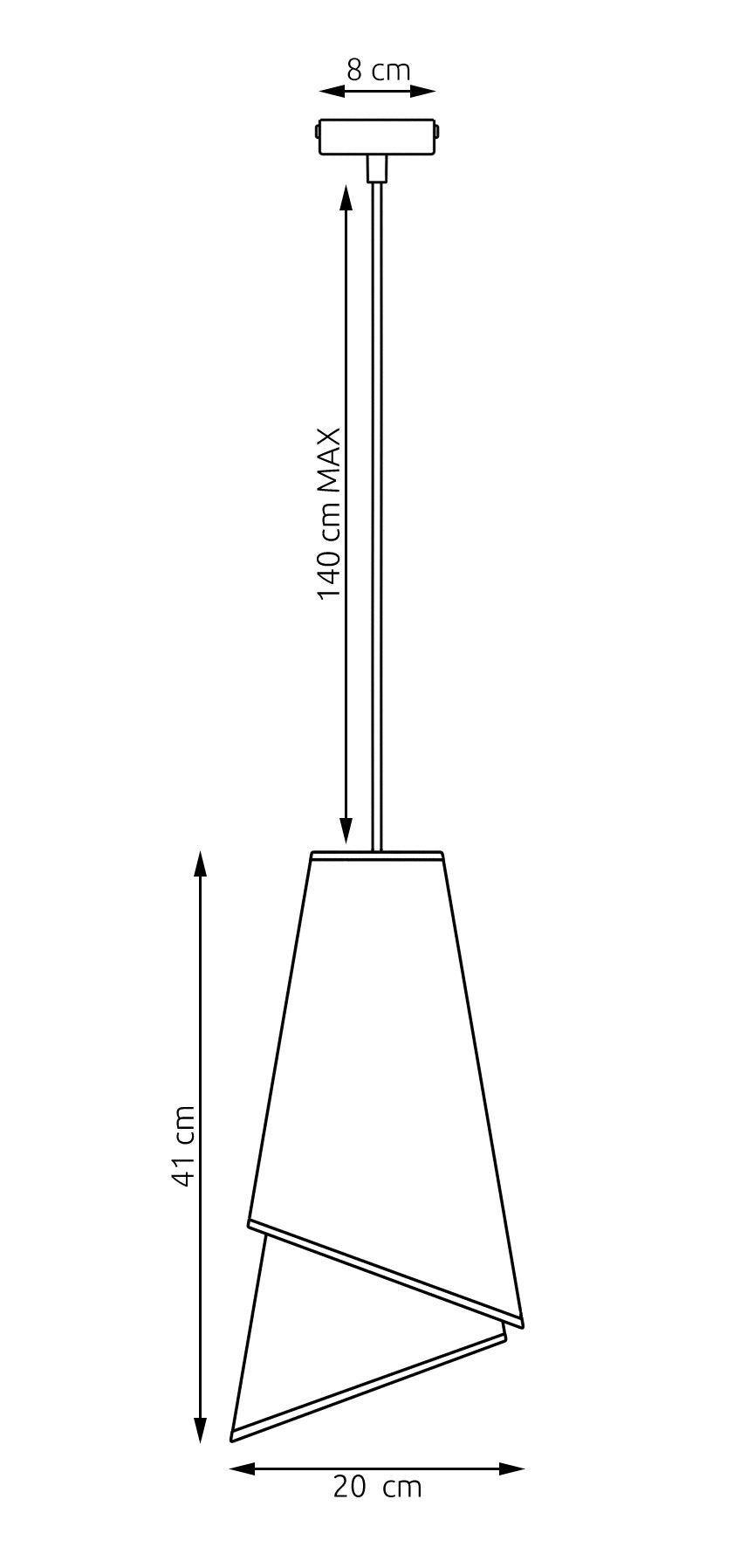 Schéma coté du luminaire : rosace 8 cm, hauteur 41 cm, largeur 20 cm.