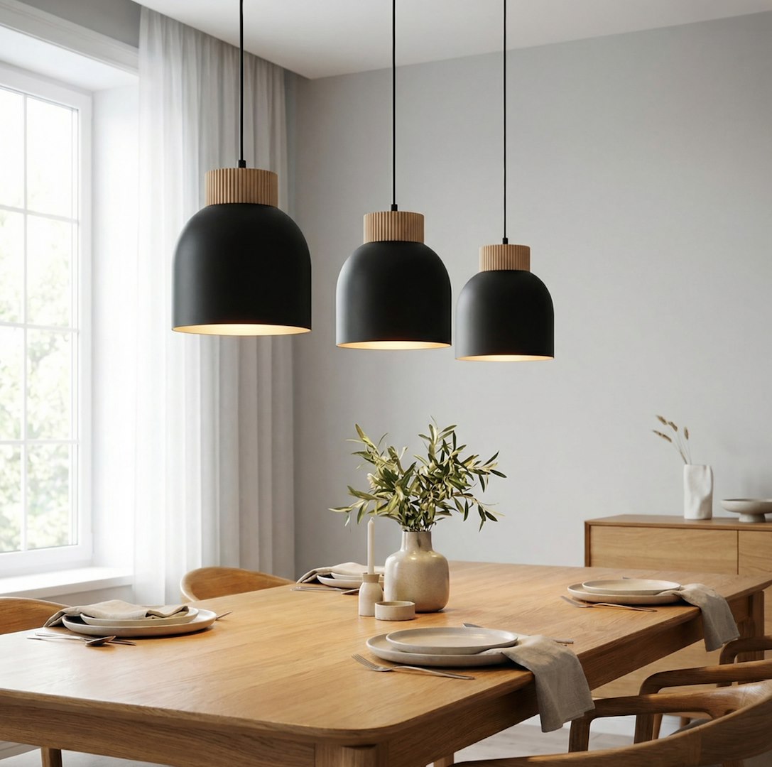 Suspension Vigo 3 lumières noire, bois