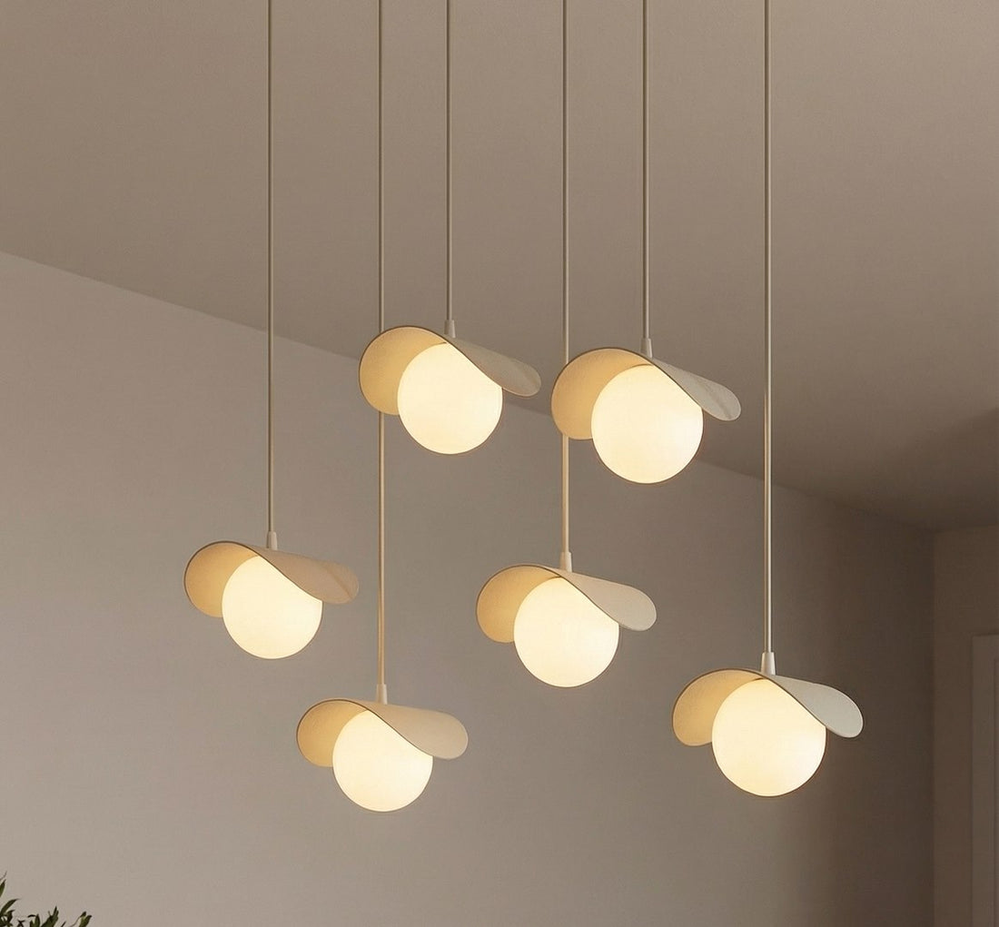 Suspension Ritual 6 lumières beige, verre blanc