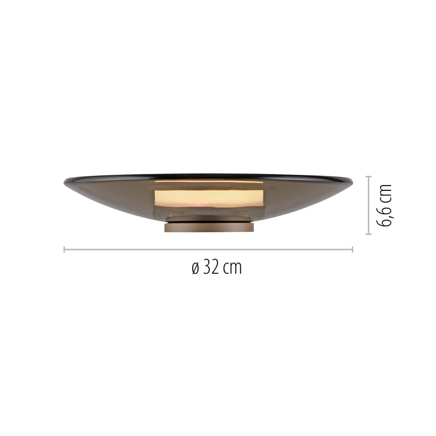 Schéma technique coté : diamètre 32 cm et hauteur 6,6 cm du luminaire.
