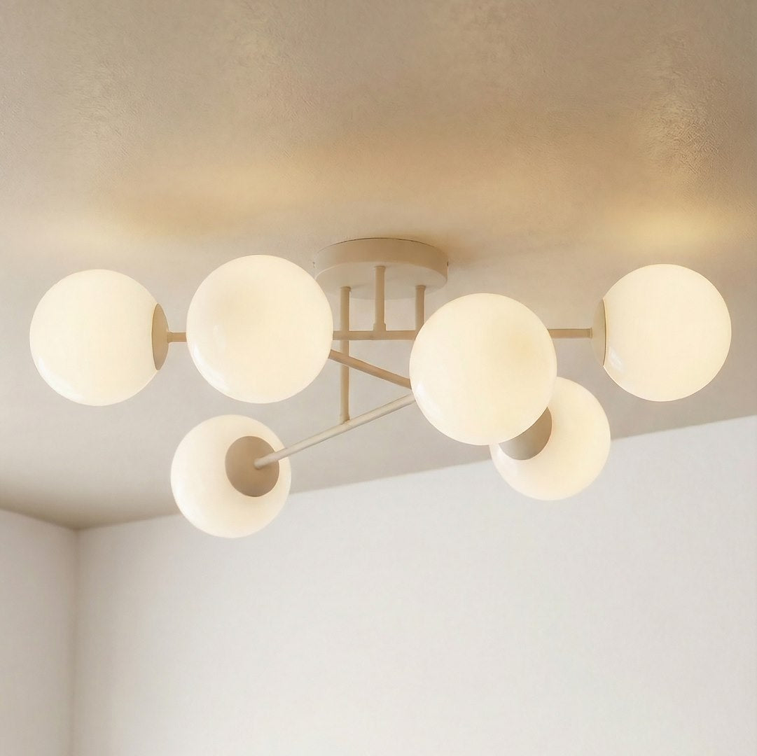 Plafonnier Roma 6 lumières beige, verre blanc