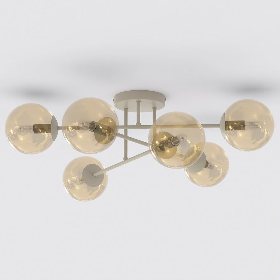 Plafonnier six globes de verre ambré, vue de face sur fond blanc