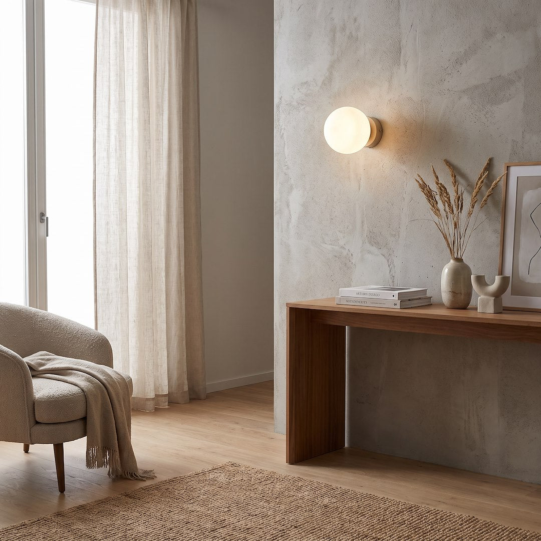 Mise en ambiance dans un intérieur clair, applique allumée au-dessus d'une console en bois