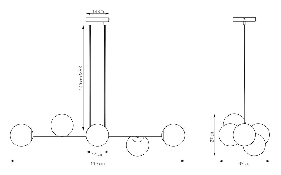 Schéma coté du luminaire : largeur 110 cm, hauteur 27 cm, hauteur de suspension 140 cm