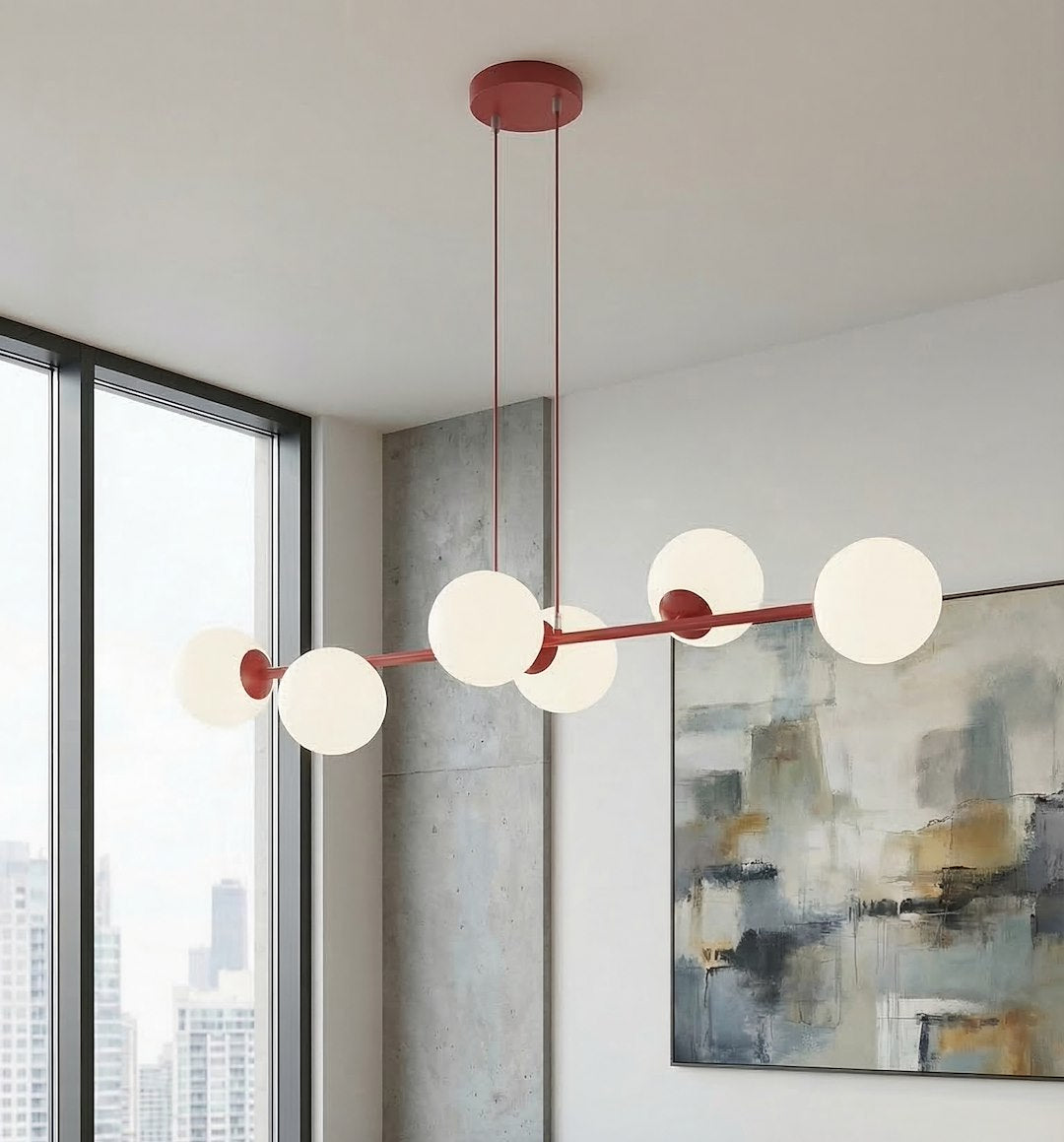 Suspension Magnus 6 lumières bordeaux, verre blanc