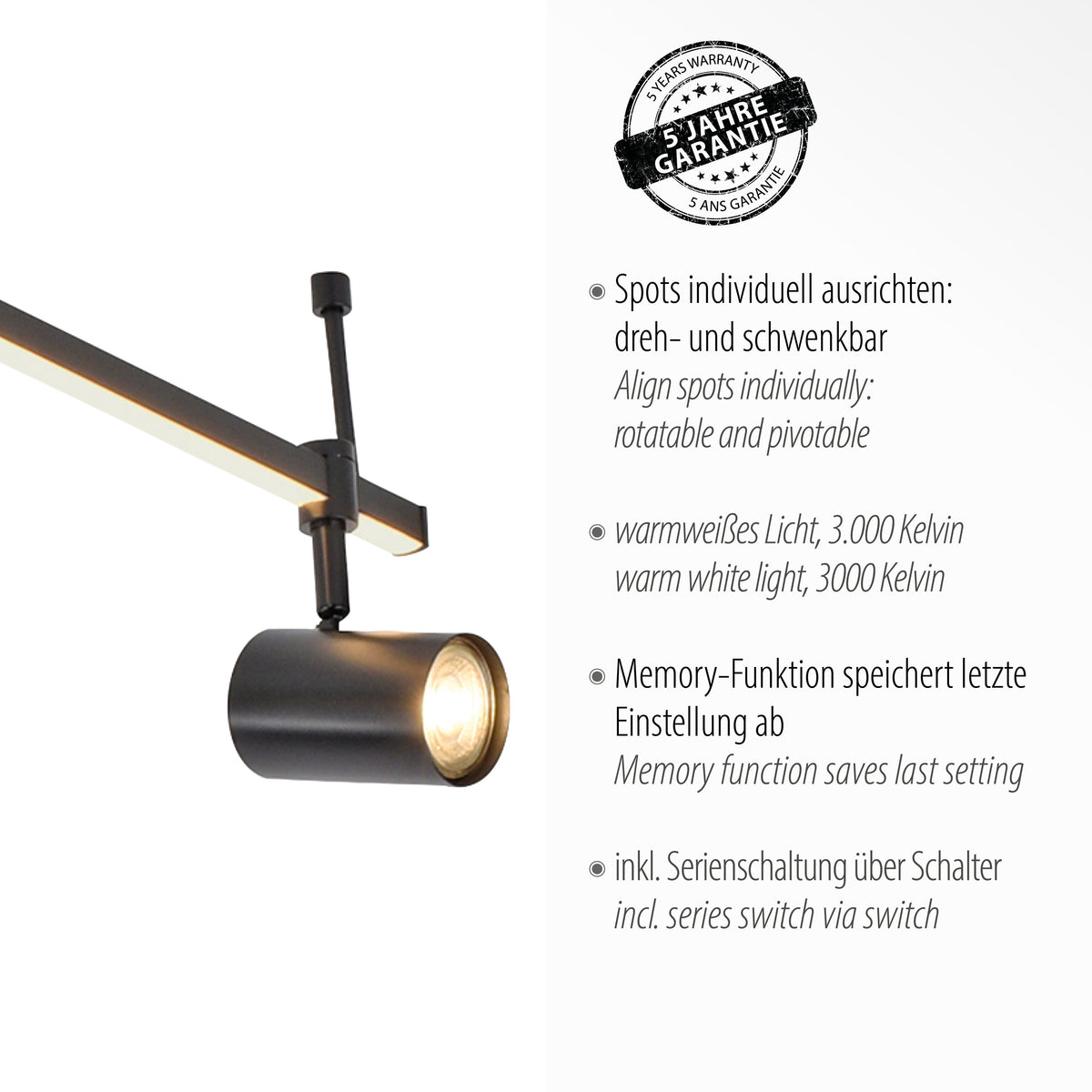 Détail d'un projecteur cylindrique orientable avec texte sur garantie et fonctions.