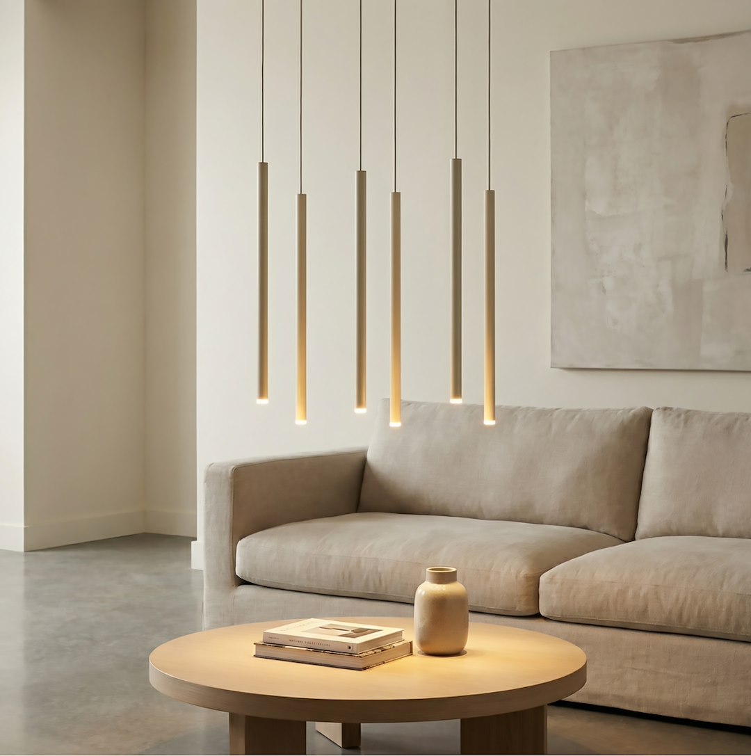 Ambiance salon, canapé beige et suspension allumée au-dessus de la table basse