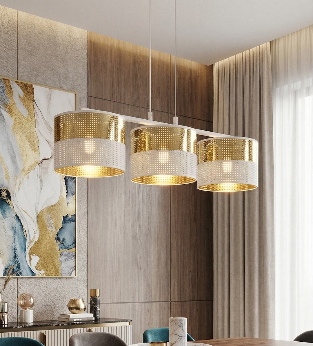 Suspension Lux 3 lumières blanche, tissu doré, H 20 cm