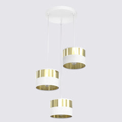 Suspension Lux 3 lumières blanche, tissu doré, H 43 cm
