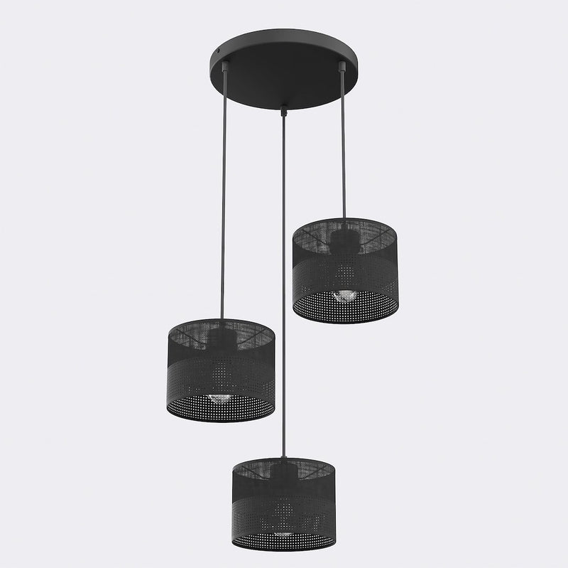 Suspension Karbon 3 lumières noire, tissu noir, H 43 cm