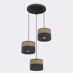Suspension Karbon 3 lumières noire, tissu marron, H 43 cm