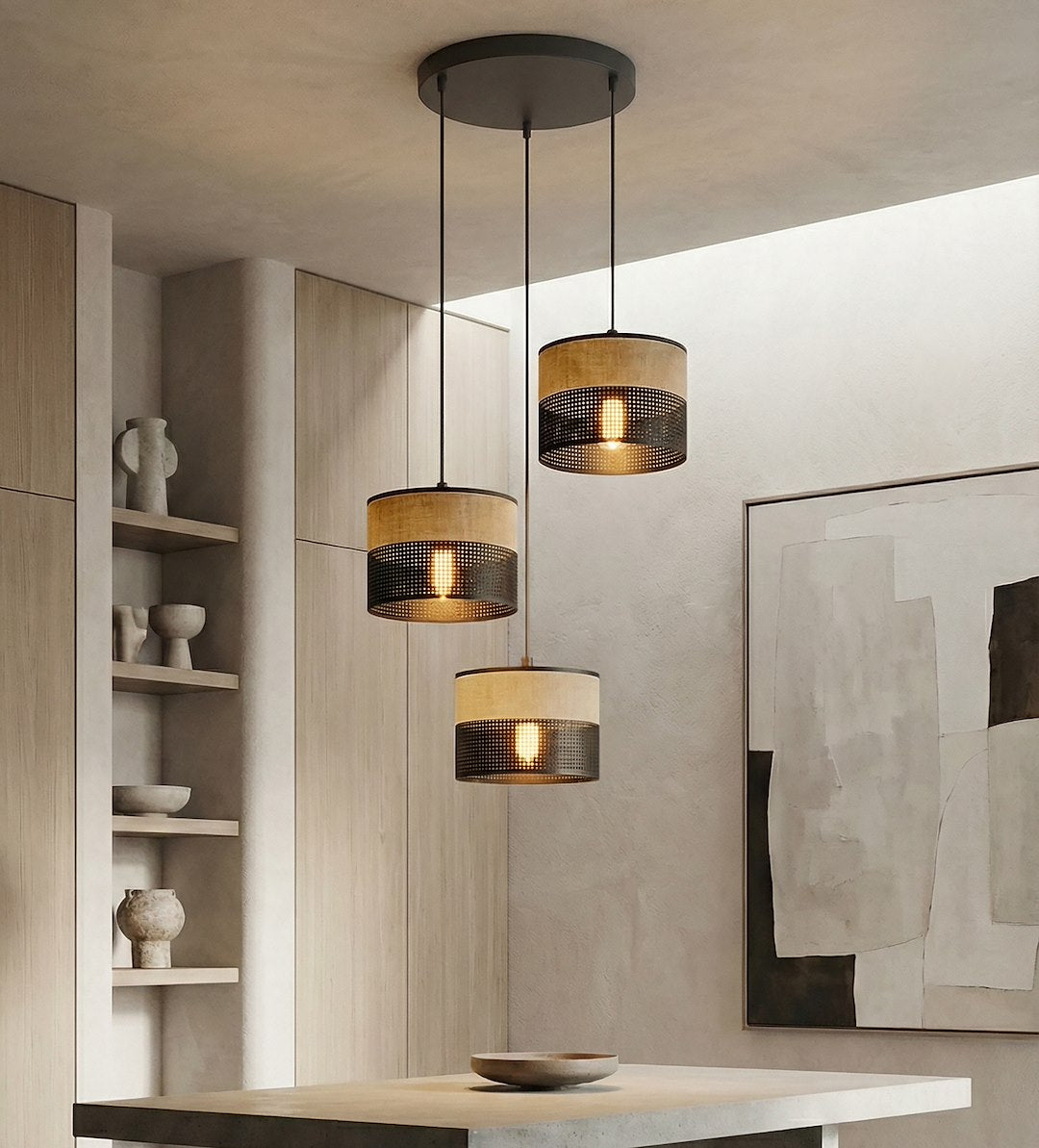 Suspension Karbon 3 lumières noire, tissu marron, H 43 cm