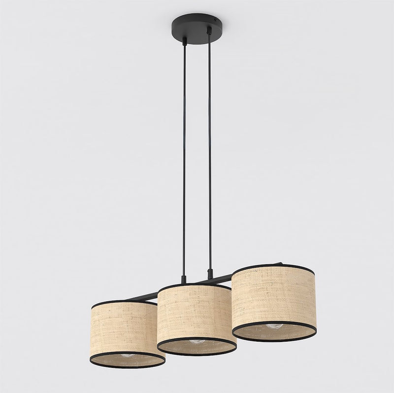 Suspension Eco 3 lumières noire, rotin