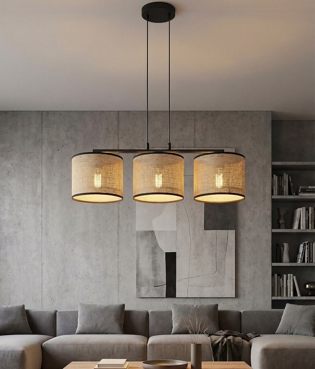 Suspension Eco 3 lumières noire, rotin